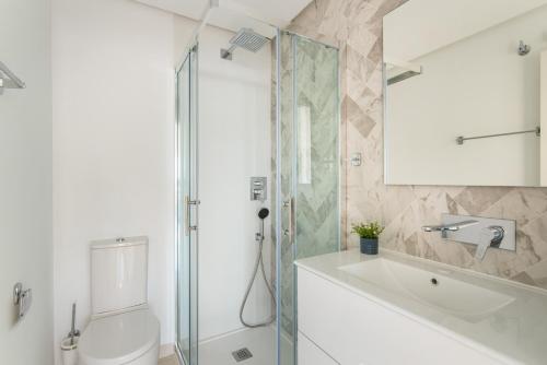 a bathroom with a shower and a toilet and a sink at Michael in Torre de la Horadada