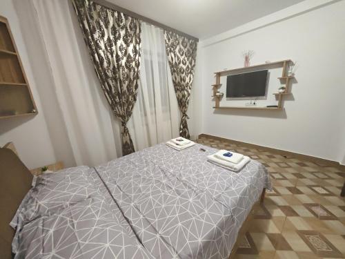a bedroom with a bed and a flat screen tv at Apartament Luca in Călimăneşti