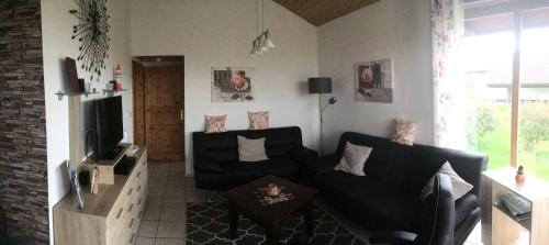 un soggiorno con un divano nero e una TV di Hundefreundliches Haus Austernperle In Sehestedt a Sehestedt