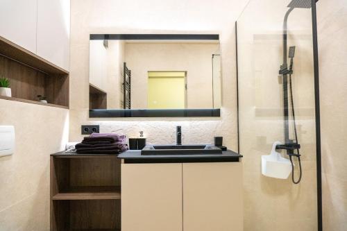 een badkamer met een wastafel en een spiegel bij Avenue Boutique Luxury N3 in Chişinău