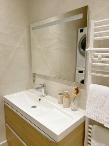 a bathroom with a sink and a mirror at L'Ecrin de Chablis - Appartement avec cour privée in Chablis