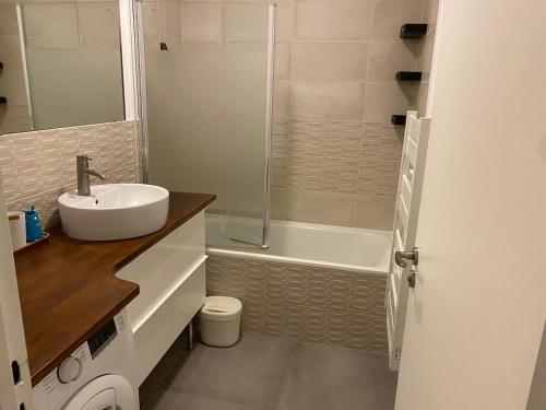 une salle de bain avec un lavabo, des toilettes et une douche dans l'établissement Bel et moderne appartement à 15 min de Paris, à Houilles