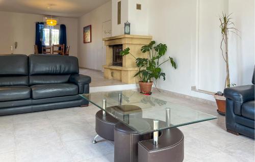 - un salon avec une table en verre et une cheminée dans l'établissement Pet Friendly Home In Vers-Pont-Du-Gard, à Vers-Pont-du-Gard