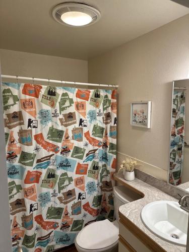 a bathroom with a shower curtain and a toilet at Cozy 3-Bed Retreat in Fairbanks in Fairbanks