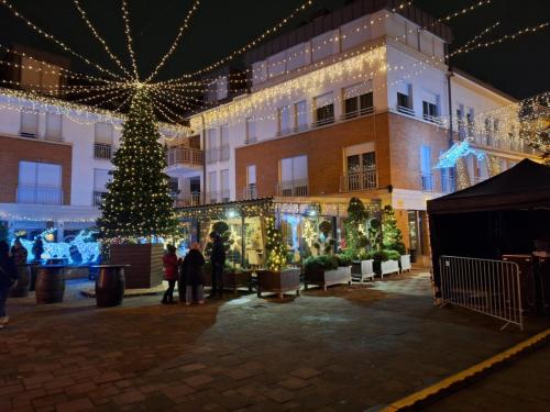 a christmas market in front of a building with a christmas tree at Belvárosi apartman in Gyöngyös
