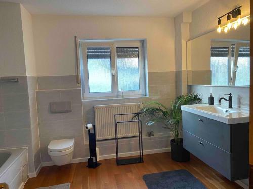 un baño con inodoro y lavabo en Dachwohnung mit Sonnenterrasse, en Flörsheim
