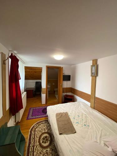 a bedroom with a large bed and a living room at vila strugurelu hostel in Predeal