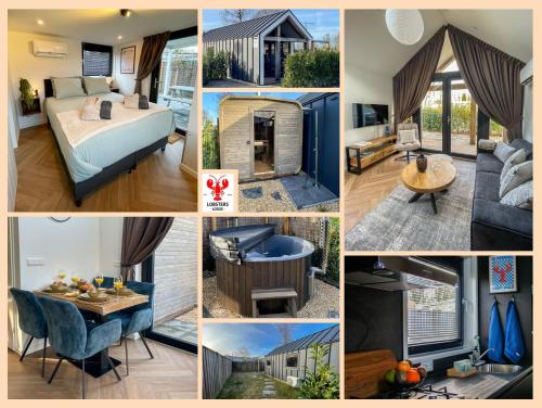 a collage of pictures of a hotel room at Lobsters Lodge in Heinkenszand ' Wellness Accommodation with Wood-Fired Hottub, Private Sauna and Outdoor Shower ' Airco's ' Free Wifi ' Complimentary Bed linen and Towels in Heinkensand