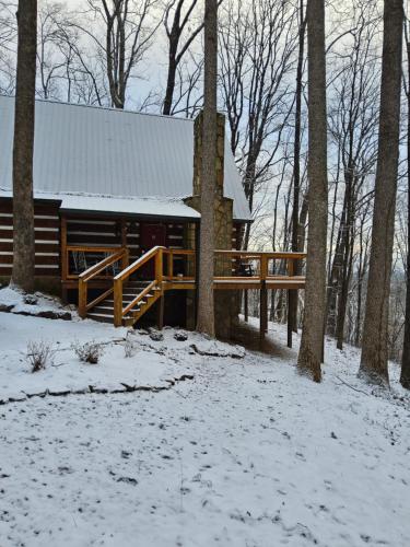 a cabin in the woods with snow on the ground at Meadows Way 3378 in Pigeon Forge