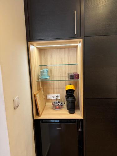 a cupboard with a coffee maker in it at Belvárosi apartman in Gyöngyös