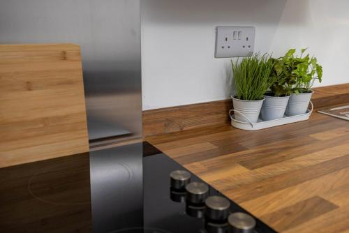 two pictures of a kitchen with plants on a counter at 1 Bedroom Flat Near Bradford With Free Parking in Saltaire