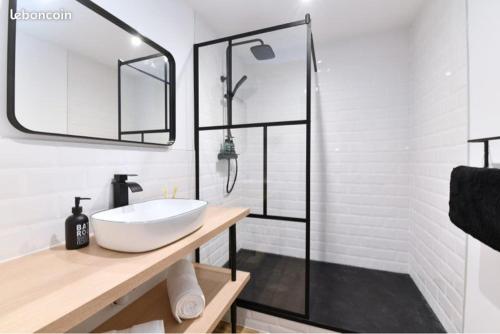 une salle de bain blanche avec un lavabo et une douche dans l'établissement Hugo et Compagnie, à Colmar