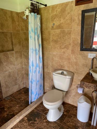 a bathroom with a toilet and a shower and a sink at Paraiso Cocora in Salento
