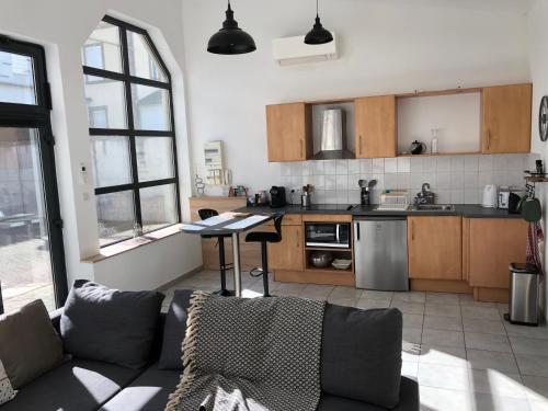 un salon avec un canapé et une cuisine dans l'établissement Loft 2 personnes Climatisé parking privé jardin, à Obernai