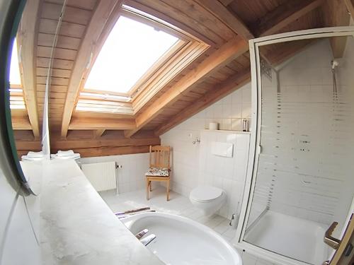 a bathroom with a toilet and a sink and a window at Ferienwohnungen Im Försterhaus in Lonsee