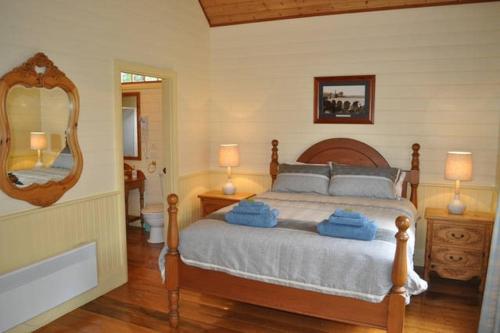 a bedroom with a bed with two lamps and a mirror at The Mill House Cottage in Richmond