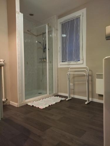 une douche avec une porte vitrée dans une salle de bain dans l'établissement Maison de village, à Goutrens