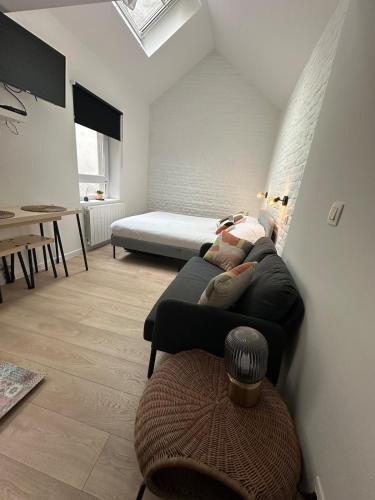 a living room with a couch and a bed at Ixelles - Cozy studio in middle of European District in Brussels