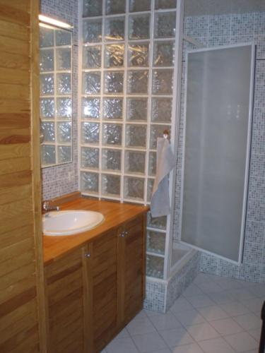 La salle de bains est pourvue d'un lavabo et d'une paroi en verre. dans l'établissement location Champagné, à Champagné