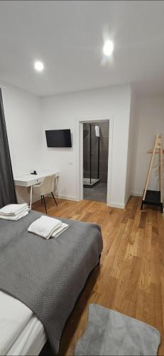 a bedroom with a bed and a desk in a room at Casa Adam B in Gara Ilişeşti