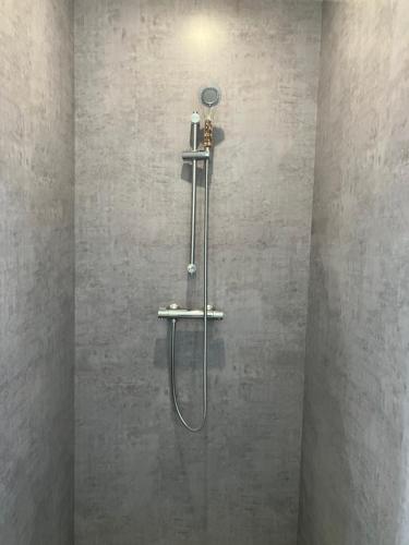 une douche dans une salle de bain avec une pomme de douche dans l'établissement Gite 6 pers au Temple à 15 min du parc PuyduFou, à Mauléon