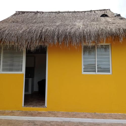 a yellow house with a thatched roof at Dulce Barú in Ararca