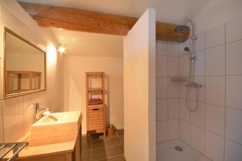 une salle de bain avec un lavabo et une douche dans l'établissement Le domaine de Villemus chambre d'hote, à Jouques
