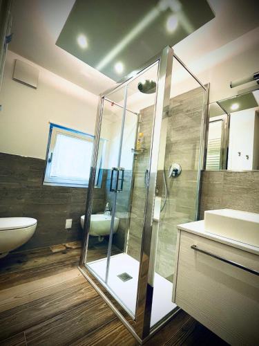 a bathroom with a glass shower and a sink at Fiore delle Alpi in Bellamonte