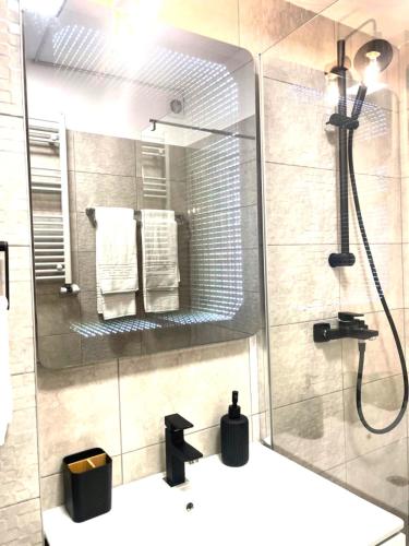 a bathroom with a shower and a white sink at Apartament Corvin 1 in Hunedoara