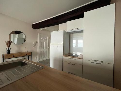 une cuisine avec un réfrigérateur blanc et un évier dans l'établissement La Pause Cosy, à Mâcon