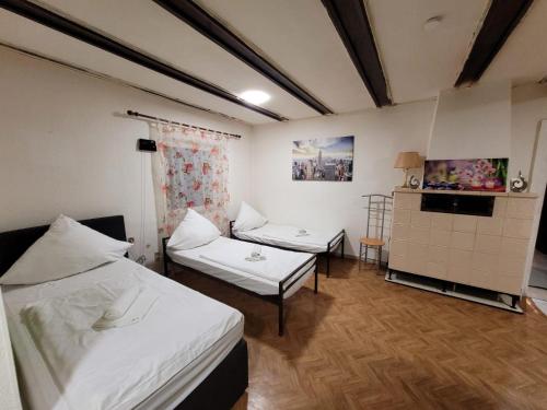 a hotel room with two beds and a couch at Haus für bis zu 8 Personen in Wachendorf in Cadolzburg