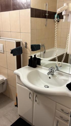 a bathroom with a white sink and a mirror at Gemütliche Wohnung in Linz