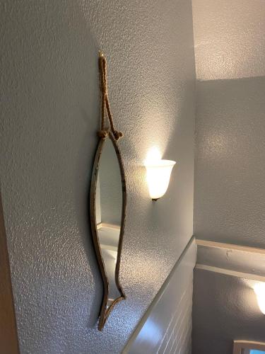 a mirror hanging on a wall next to a light at Haus Möwennest in Midlum
