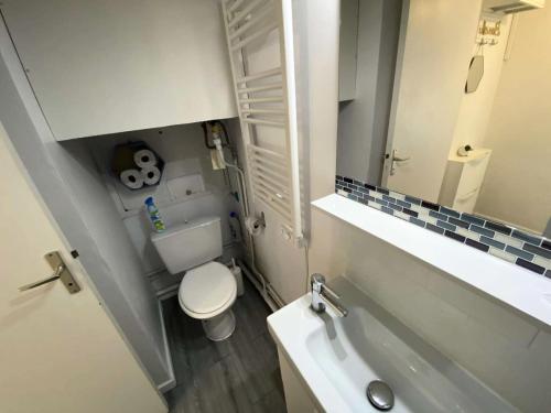 une salle de bain avec toilettes, lavabo et miroir dans l'établissement Résidence Marine - 098 - Moment de détente dans ce charmant appartement MAE-4451, à Soulac-sur-Mer