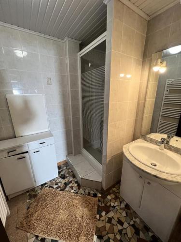 une salle de bain avec un lavabo, des toilettes et une douche dans l'établissement Résidence 049-soulac Sur Mer - 049 - Spacieuse villa proche du centre-ville MAE-2351, à Soulac-sur-Mer
