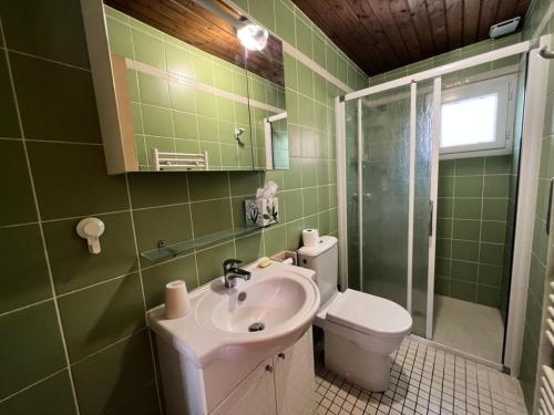 La salle de bains verte est pourvue d'un lavabo et de toilettes. dans l'établissement Résidence 082-soulac Sur Mer - 082 - Jolie Soulacaise à 5 mns du centre ville MAE-2381, à Soulac-sur-Mer