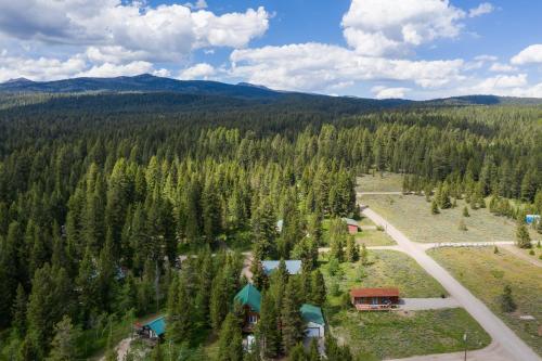 an aerial view of a forest with houses and trees at Remington Retreat in Island Park