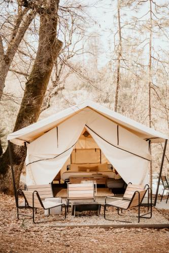 a tent with chairs and tables in the woods at AutoCamp Sequoia in Three Rivers