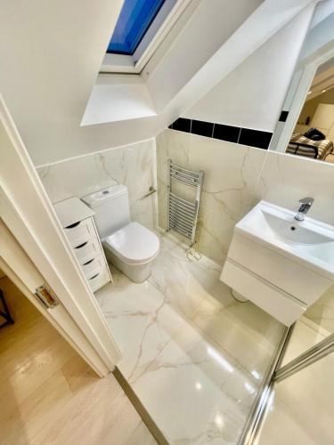 a bathroom with a toilet and a sink at cozy 1 bedroom flat near cambridge city centre in Milton