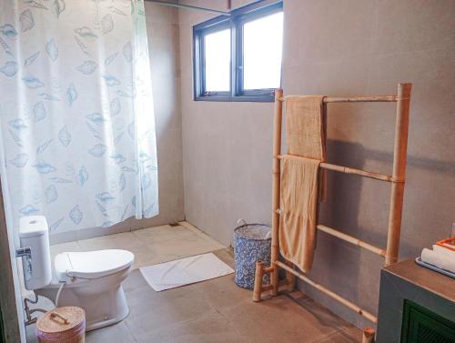 a bathroom with a toilet and a shower curtain at Umah Adenium Ubud 2 in Tegalalang