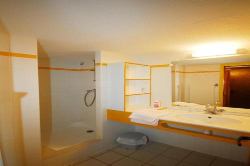 une salle de bain avec un lavabo, une douche et un miroir dans l'établissement Gîte in Saint-Julien near Green Trails, à Saint-Julien-Chapteuil