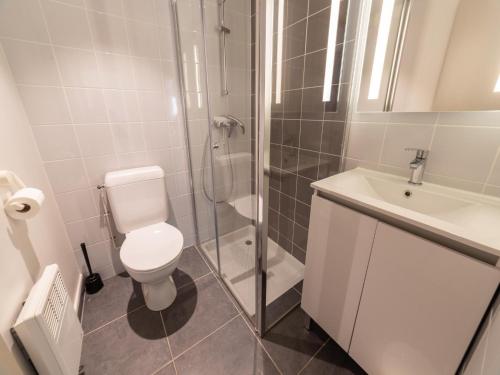 une salle de bain avec une douche, des toilettes et un lavabo dans l'établissement Chalet in Normandy near Veules-les-Roses, à Veules-les-Roses