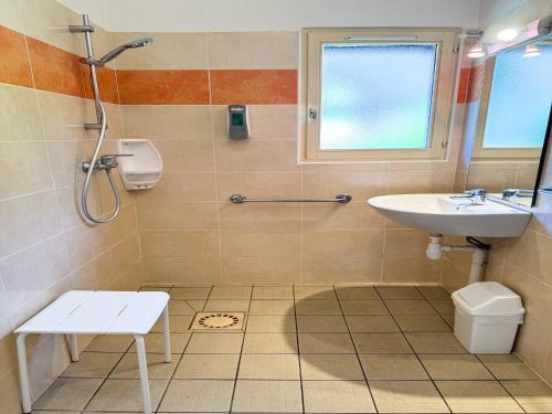 une salle de bain avec un lavabo et une douche dans l'établissement Chalet in Nedde near Historic Castle, à Légaud