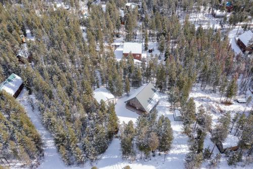 an aerial view of a cabin in a forest of trees at Henrys Post in Island Park