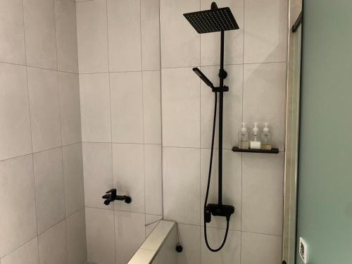 a shower with a shower head in a bathroom at Burabura Cafe Guesthouse in Donggang