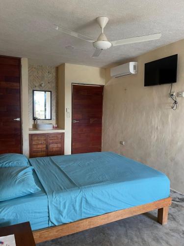 a bedroom with a blue bed and a flat screen tv at Casa colibrí in Río Lagartos