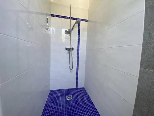La salle de bains est pourvue d'une douche et de carrelage bleu. dans l'établissement Villa T4 à Vaux-sur-Mer, proche plages, jardin et terrasses - FR-1-738-42, à Vaux-sur-Mer