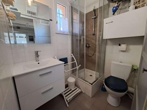une salle de bain avec une douche, des toilettes et un lavabo dans l'établissement Appartement avec loggia et parking privé, proche de la plage - FR-1-326-842, à Marseillan