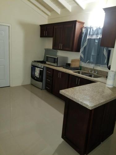 a kitchen with a sink and a stove at Savannah's Place, Drax Hall Manor - FREE Wifi, AC in Steer Town