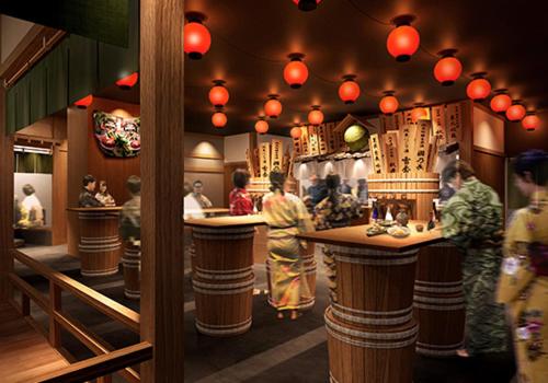 a restaurant with people standing around a bar at ゆいの宿大阪城east1号室 in Osaka